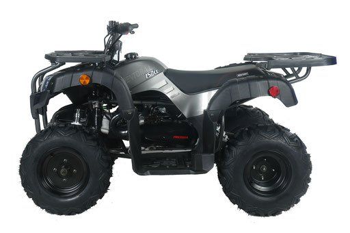 Black all-terrain quad bike on a white background, side view