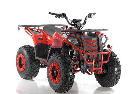 Red and black all-terrain ATV with chunky tires and a front cargo rack on a white background