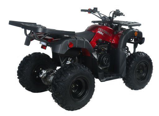 Red and black four-wheeler ATV with large off-road tires, shown on a white background