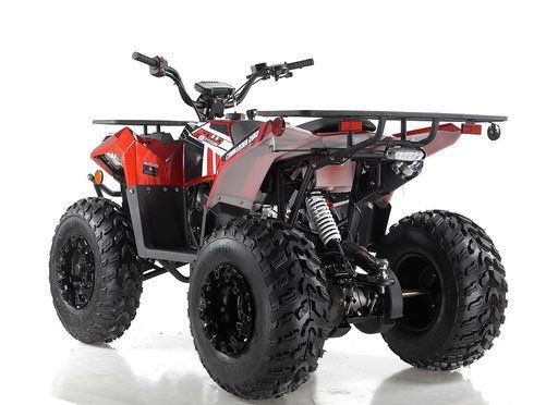Red all-terrain ATV with large knobby tires, shown from the rear on a white background