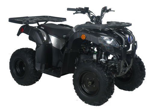 Black four-wheeler ATV on a white background, angled front view