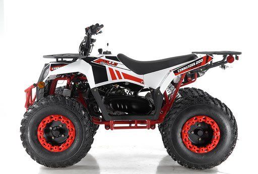 White and black sport ATV with red accents and red wheels, side view on a white background