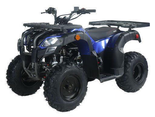 Blue and black ATV with knobby tires on a white background