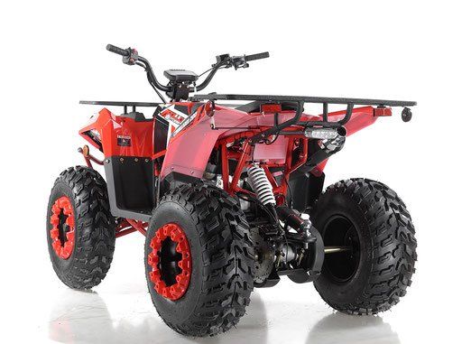 Red all-terrain quad ATV with black and red wheels, shown on a white background