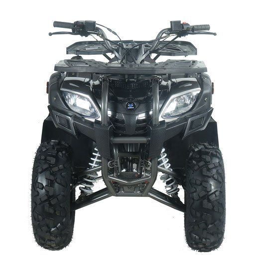 Front view of a black all-terrain quad bike with large knobby tires on a white background