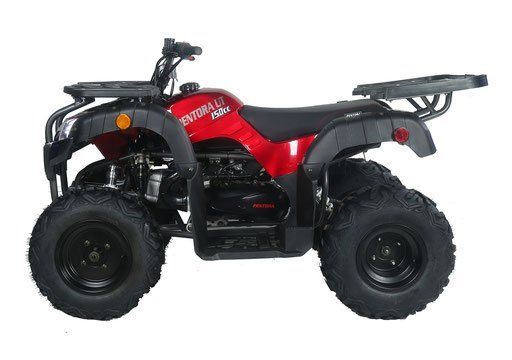 Red and black all-terrain quad bike on a white background