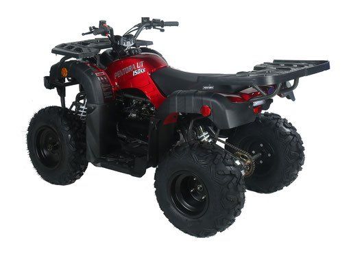 Red and black four-wheel ATV with large tires, shown on a white background