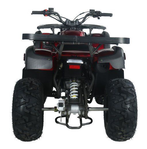 Front view of a black ATV with large tires and handlebars on a white background