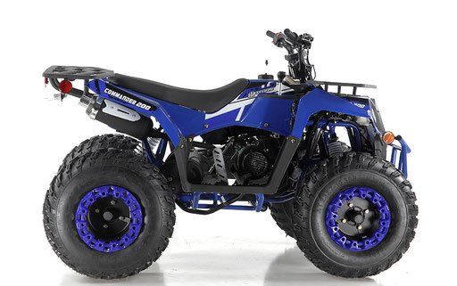 Blue four-wheeled ATV with black seat and oversized tires on a white background