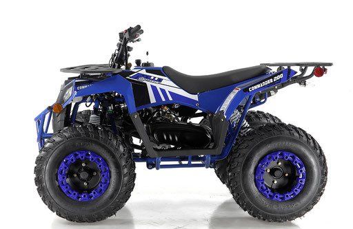 Blue and black ATV with large tires and black seat, side view on a white background
