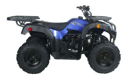 Blue and black four-wheeler ATV on a white background