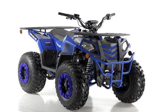 Blue four-wheeled ATV with black and purple accents on a white background