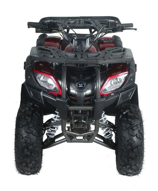 Black ATV front view with large knobby tires and red headlights on a white background