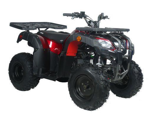 Red all-terrain quad bike with black wheels and rear cargo rack on a white background