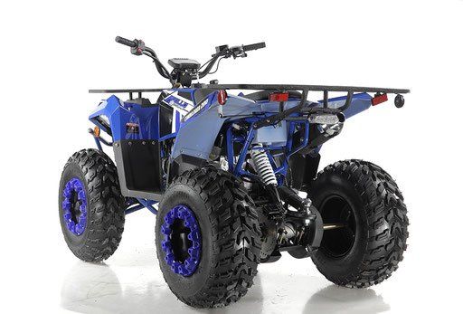 Blue and black all-terrain ATV with large knobby tires on a white background