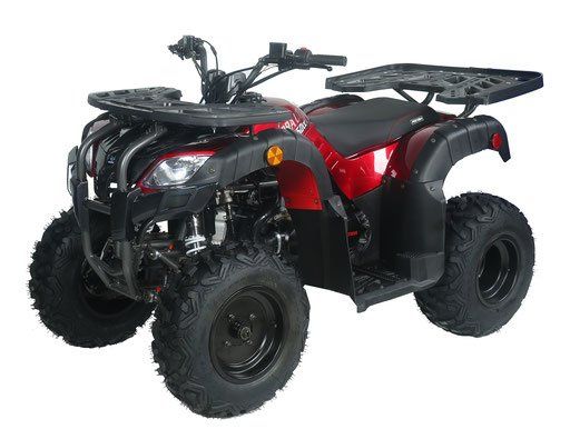 Red and black all-terrain quad ATV on a white background