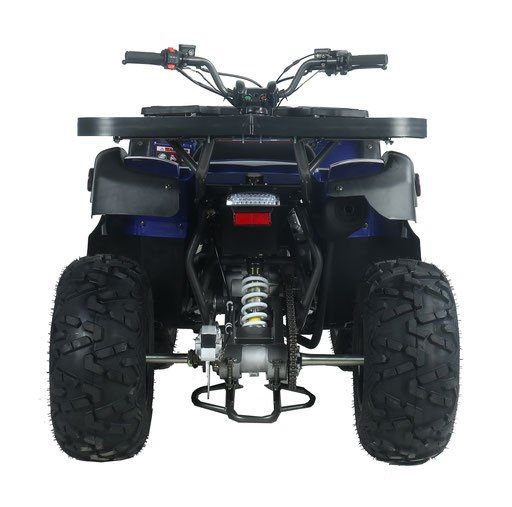 Rear view of a black ATV with large off-road tires on a white background