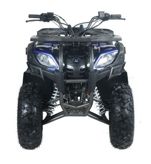 Front view of a black and blue all-terrain quad bike with large tires and headlights on white background