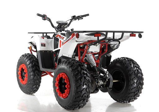White and red four-wheeler ATV with knobby tires on a plain white background