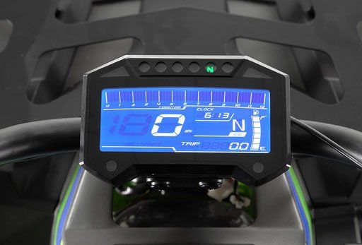 Blue digital motorcycle dashboard showing speed and gear indicators