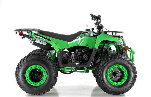 Green all-terrain quad bike with black trim and neon green wheels, shown in side view on a white background