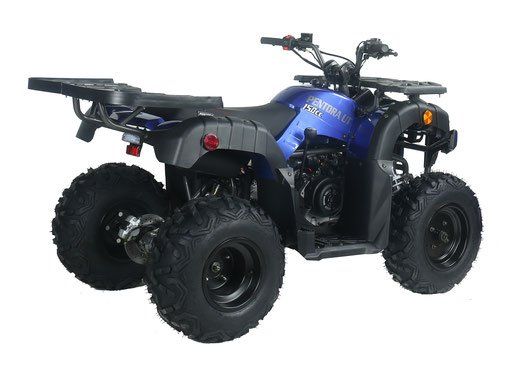 Blue four-wheeler ATV with black tires on a white background