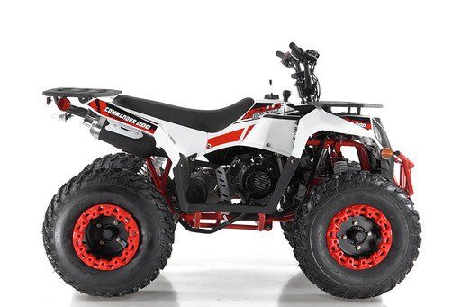 White and red four-wheeled ATV toy with oversized black tires on a white background