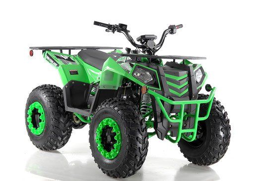 Green and black four-wheeler ATV with chunky tires and handlebars on a white background