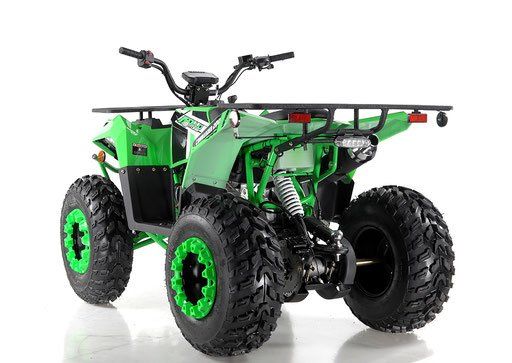 Green and black four-wheeler ATV with large knobby tires, shown on a white background