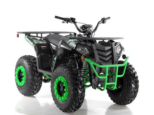 Black and green all-terrain quad bike with rugged tires and front bumper on a white background