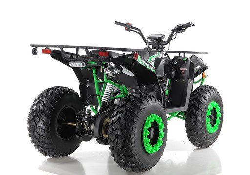 Black and green four-wheeled ATV with neon green rims on a white background
