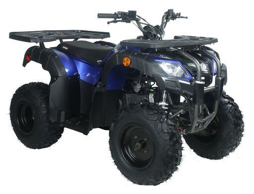 Blue and black ATV with large tires, shown on a white background