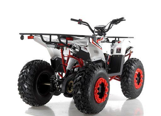 Two ATV four-wheelers, one white and one silver with red accents, shown on a white background