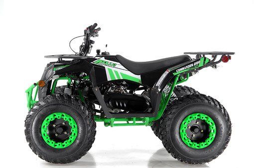 Green and black ATV with chunky tires, shown in side view on a white background