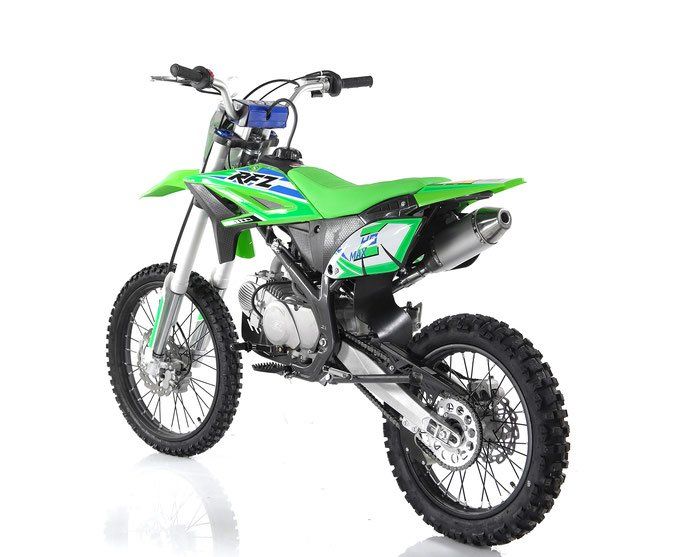 Green off-road dirt bike on a white background, angled front-left view