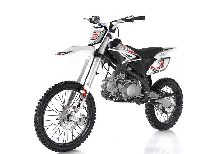 White and black dirt bike with knobby tires on a white background