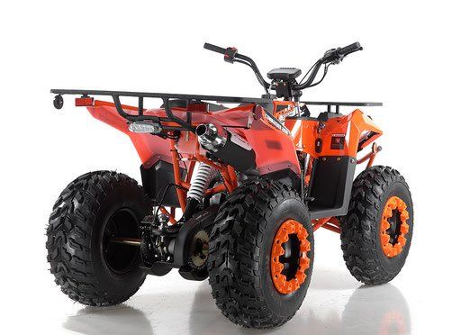 Red and orange toy ATVs with oversized black tires on a white background
