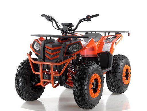 Orange and black ATV with rugged tires on a white background