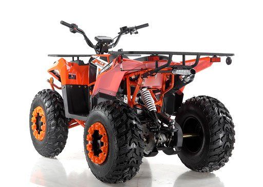 Orange and black four-wheeler ATV with large knobby tires on a white background