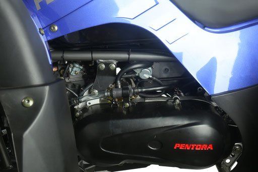 Close-up of a blue motorcycle engine with a black PENTORA cover and exposed mechanical parts
