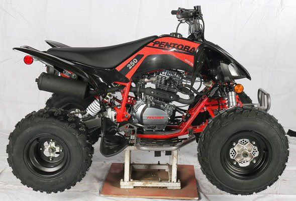 Black and red Yamaha ATV on a display stand against a white background