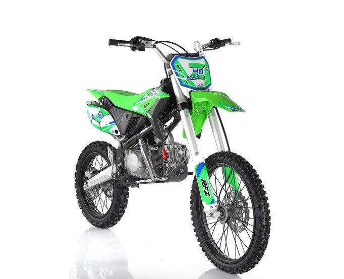 Green motocross dirt bike on a white background, angled front view.