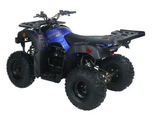Blue and black four-wheeled ATV with rugged tires on a white background