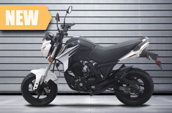 A black and white motorcycle with the word new on it