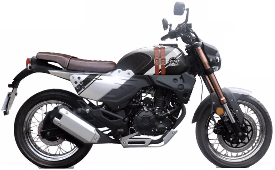 A black and silver motorcycle with a brown seat on a white background.