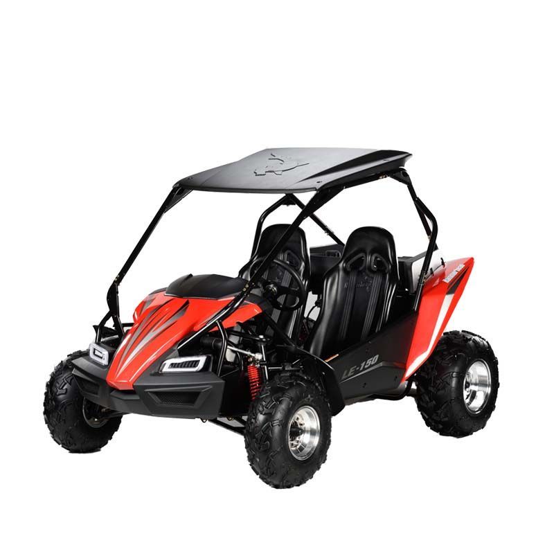 A red and black atv with a black roof on a white background