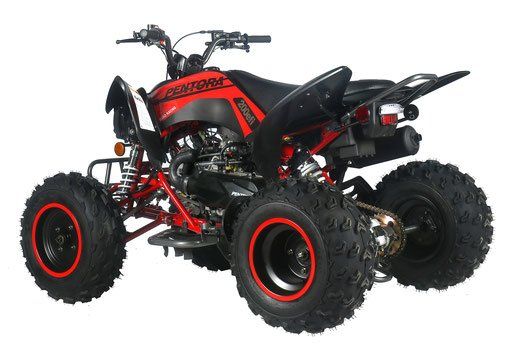 A red and black atv with red tires on a white background