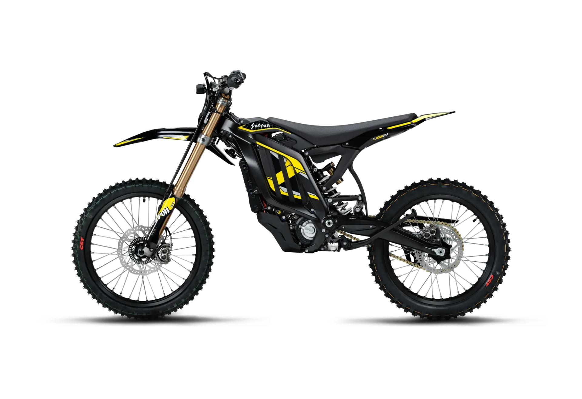 White and black off-road dirt bike in side view on a white background