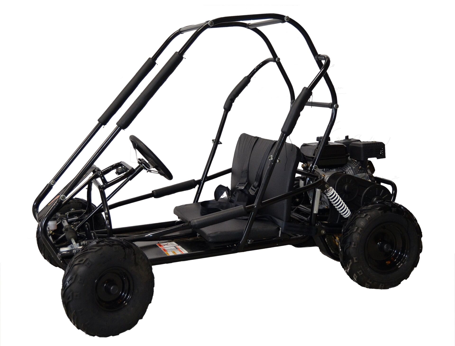 Black off-road go-kart with roll cage and large tires on a white background