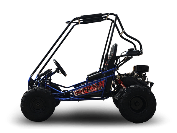 A blue and black go kart on a white background.